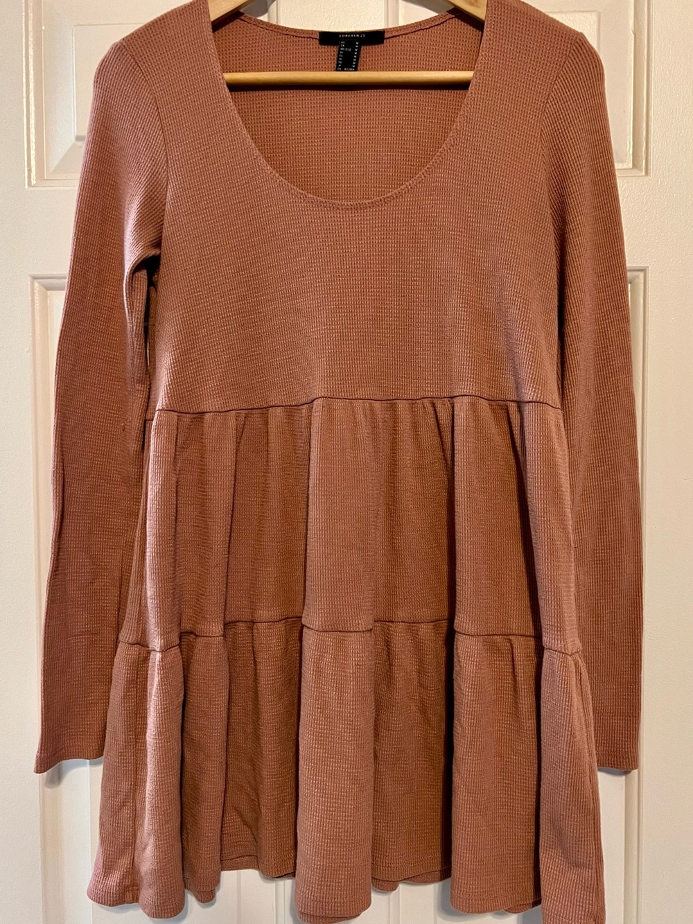 Forever 21 Dusty Rose Waffle Knit Tiered Babydoll Long Sleeve Tunic - Size M